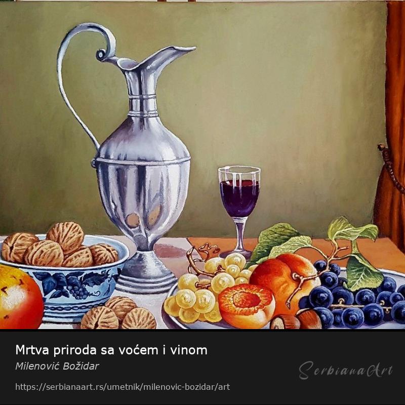 Mrtva priroda sa voćem i vinom, Ulje/Platno, Milenović Božidar