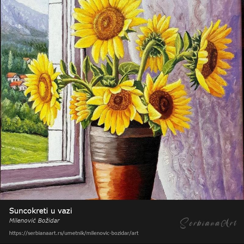 Suncokreti u vazi, Ulje/Platno, Milenović Božidar
