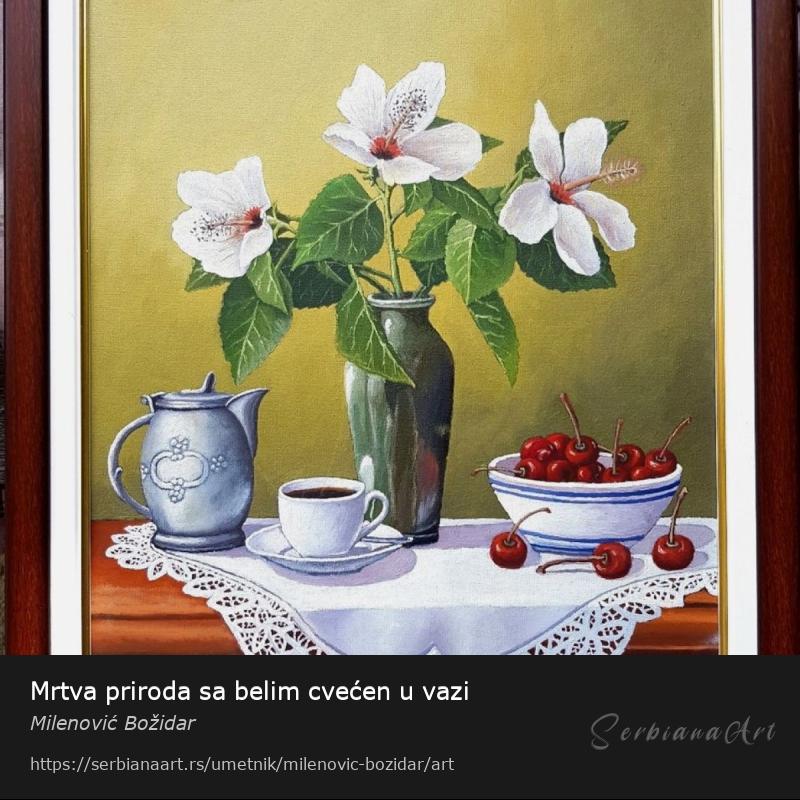 Mrtva priroda sa belim cvećen u vazi, Ulje/Lesonit, Milenović Božidar