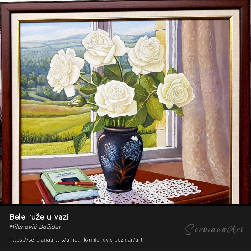 Bele ruže u vazi, Ulje/Lesonit, Milenović Božidar