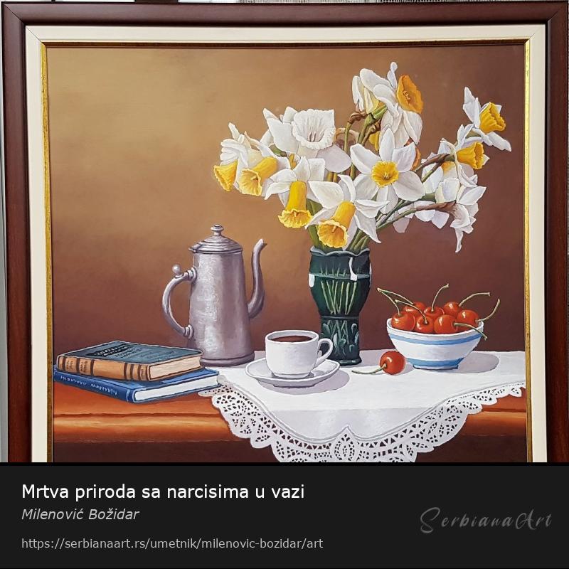 Mrtva priroda sa narcisima u vazi, Ulje/Lesonit, Milenović Božidar
