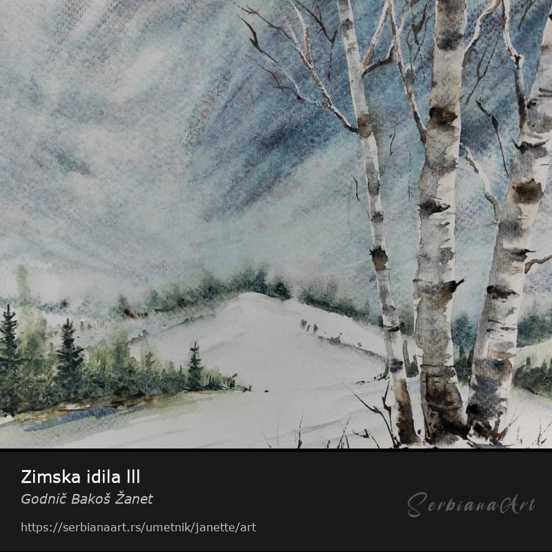 Zimska idila lll, Vodene boje/Papir, Godnič Bakoš Žanet