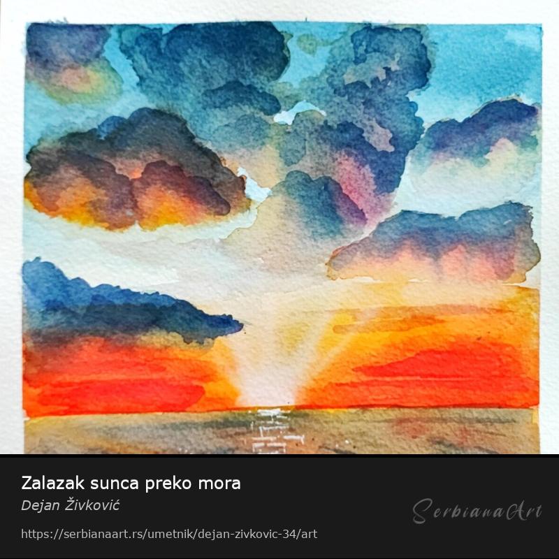 Zalazak sunca preko mora, Vodene boje/Papir, Dejan Živković