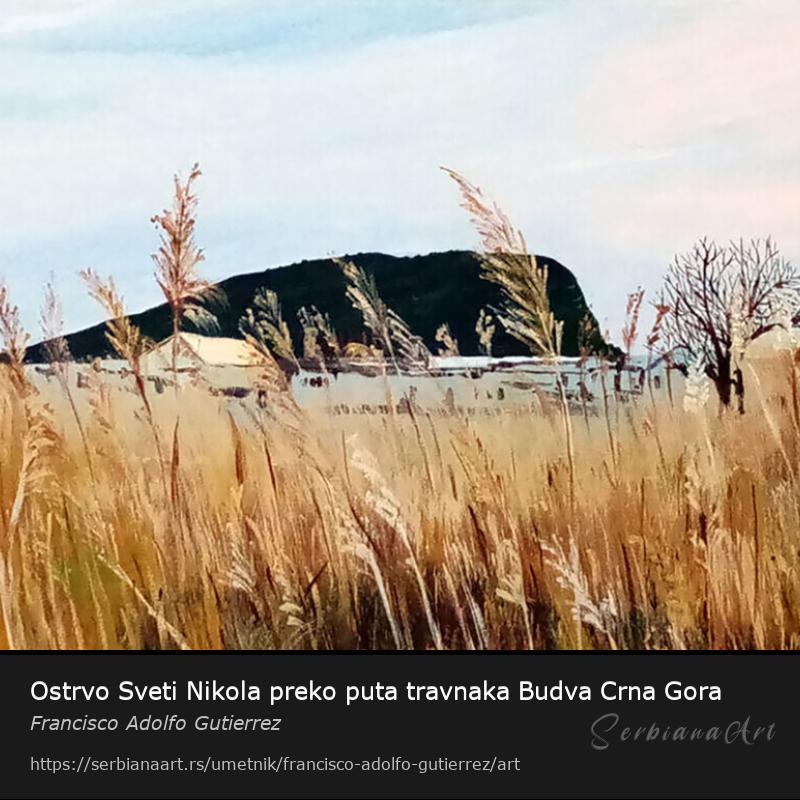 Ostrvo Sveti Nikola preko puta travnaka Budva Crna Gora, Akrilik/Platno, Francisco Adolfo Gutierrez