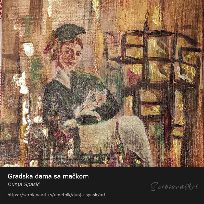 Gradska dama sa mačkom, Akrilik/Platno, Dunja Spasić