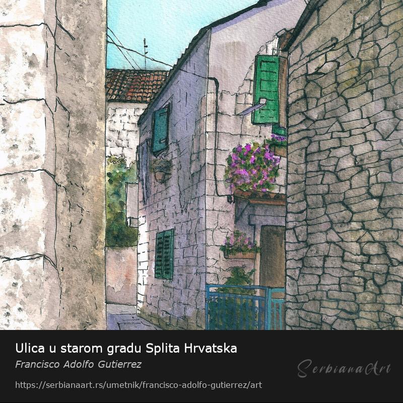 Ulica u starom gradu Splita Hrvatska, Vodene boje/Papir, Francisco Adolfo Gutierrez