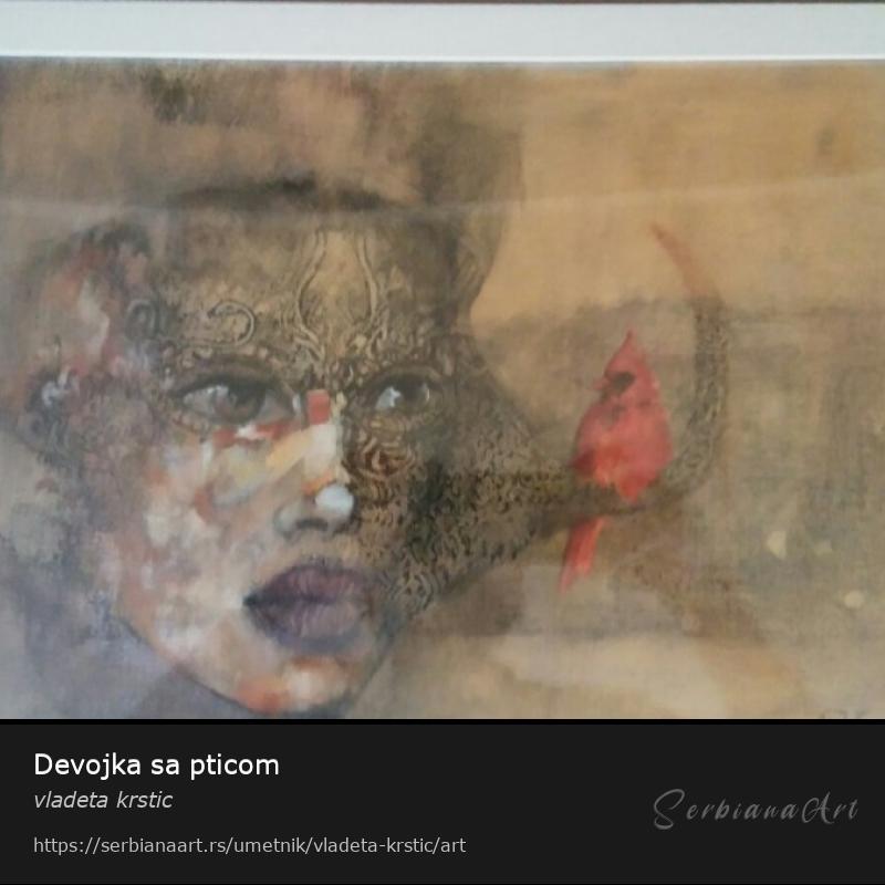 Devojka sa pticom, Akrilik/Karton, vladeta krstic