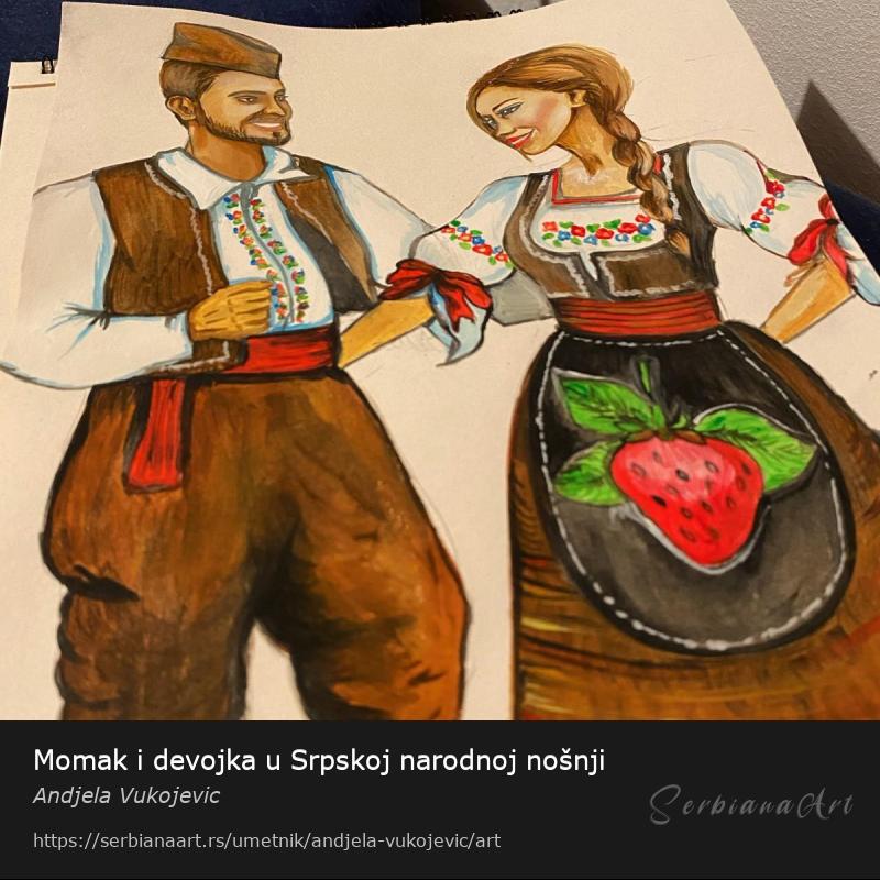 Momak i devojka u Srpskoj narodnoj nošnji, Akrilik/Papir, Andjela Vukojevic