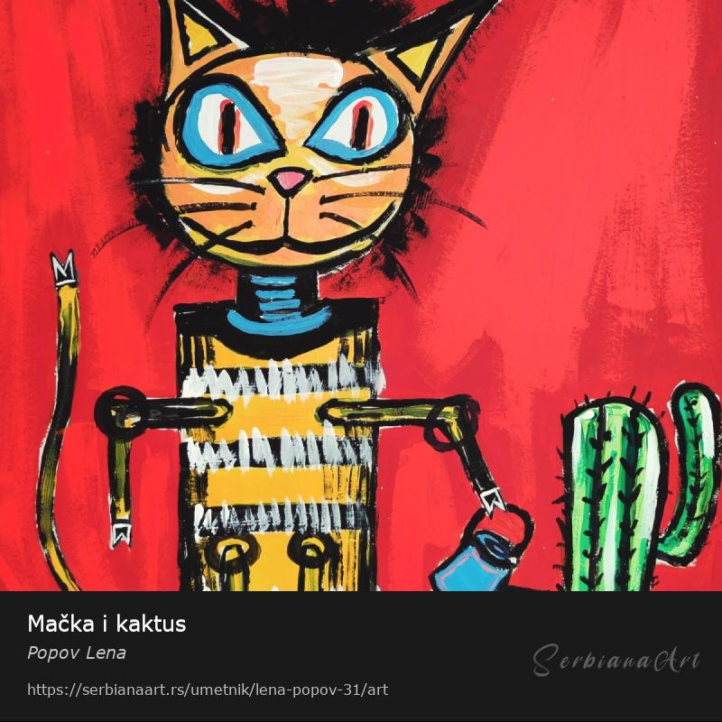 Mačka i kaktus, Akrilik/Lesonit, Popov Lena