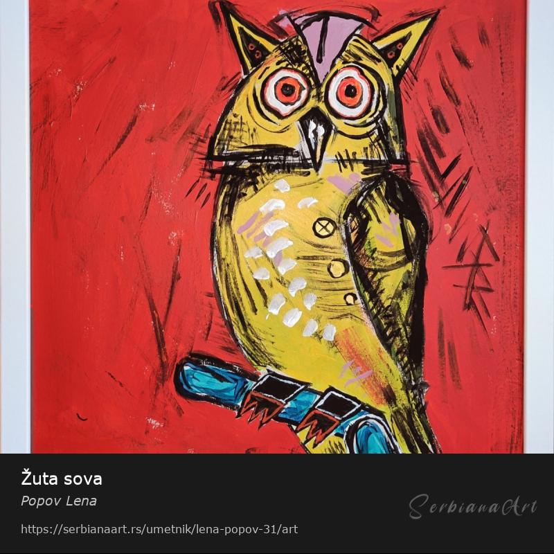 Žuta sova, Akrilik/Lesonit, Popov Lena