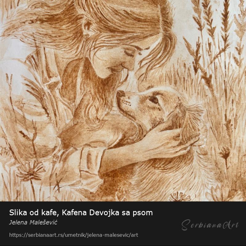 Slika od kafe, Kafena Devojka sa psom, Vodene boje/Papir, Jelena Malešević