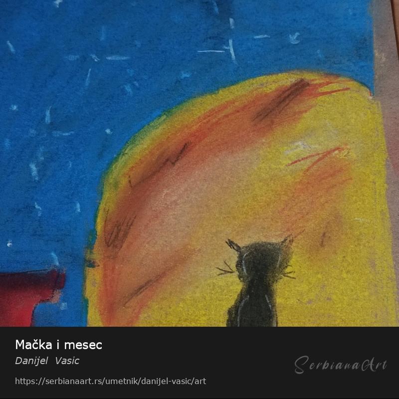 Mačka i mesec, Pastel/Papir, Danijel  Vasic