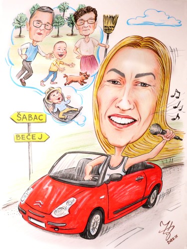 TETKA VOZI KABRIO - PORTRET KARIKATURA, autor ĐUKAN ~ KARIKATURE