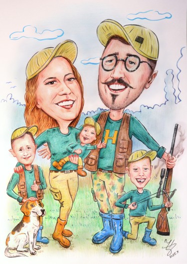LOVAC I PORODICA - PORTRET KARIKATURA, autor ĐUKAN ~ KARIKATURE