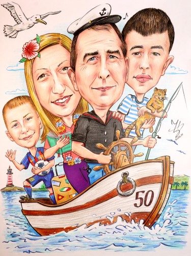 KAPETAN LADJE - PORODICNA PORTRET KARIKATURA, autor ĐUKAN ~ KARIKATURE