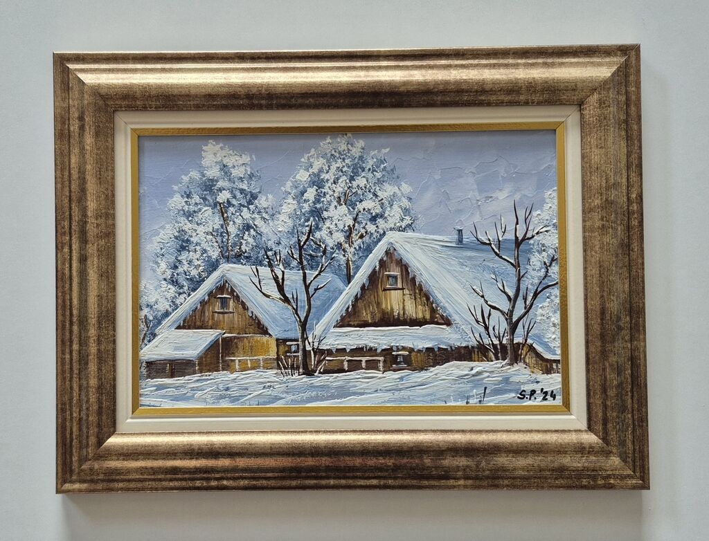 Ulje na lesonitu - Kuce u snegu, prelepo