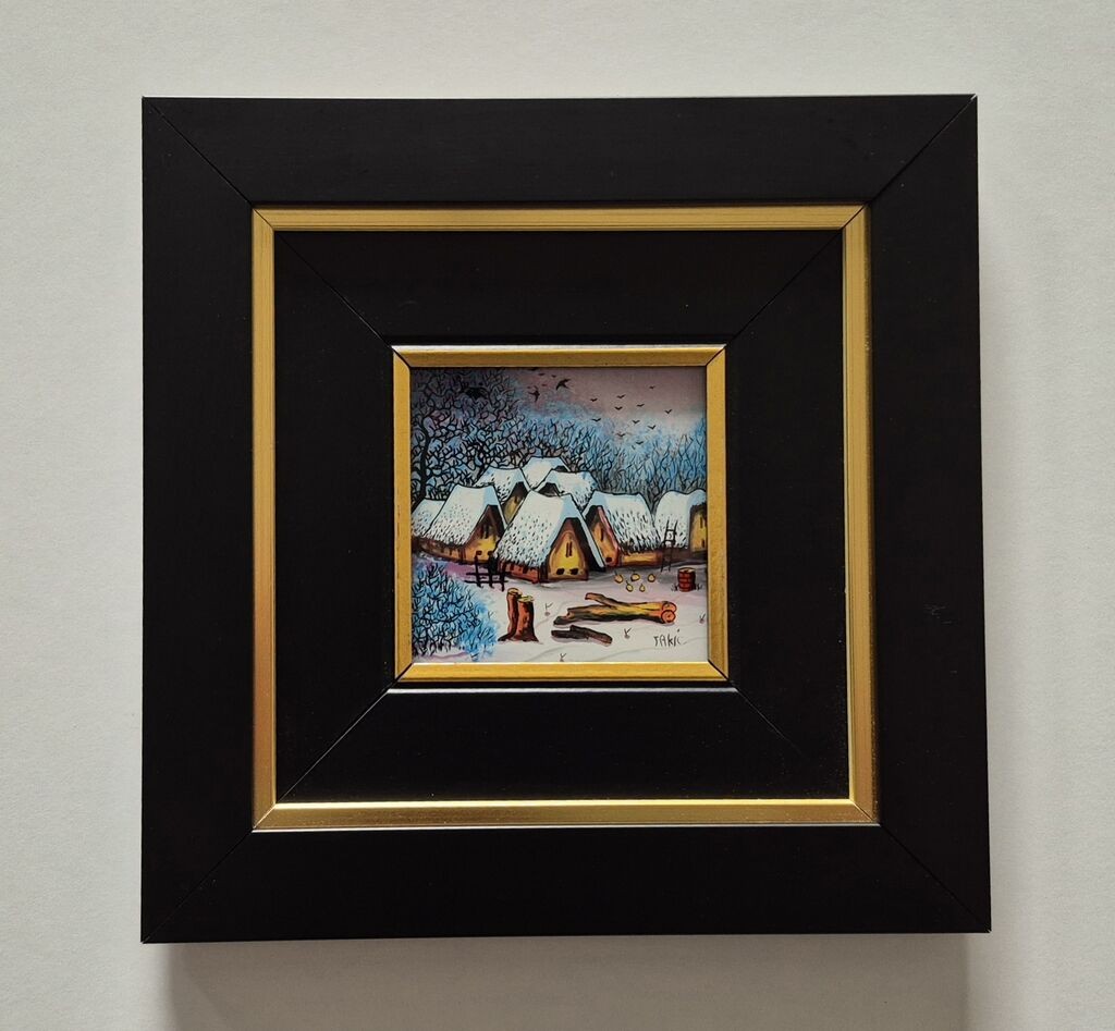 Naiva, ulje na staklu - Zima u selu - Minijatura