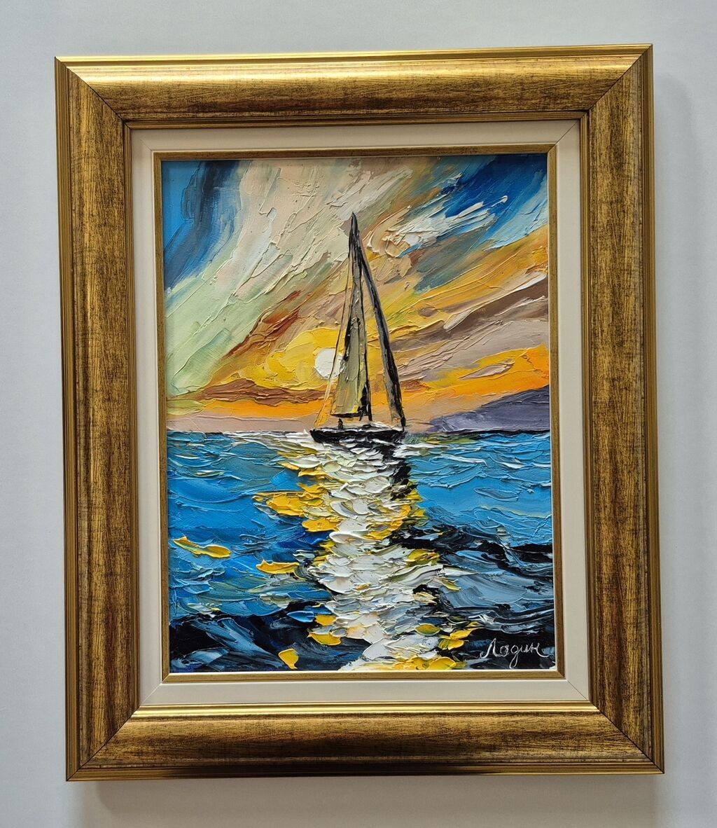 Ulje na platnu - Jedrenjak i zalazak sunca