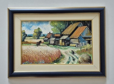 Ulje na lesonitu - Seoski kutak, prelepa slika, autor Dusko Dule