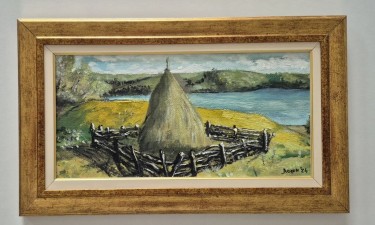 Ulje na lesonitu - Stog sena u selu, prelepo, autor Dusko Dule