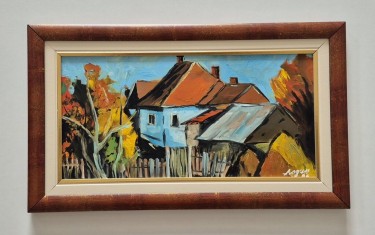 Ulje na lesonitu - Jesen u selu, prelepa slika, autor Dusko Dule