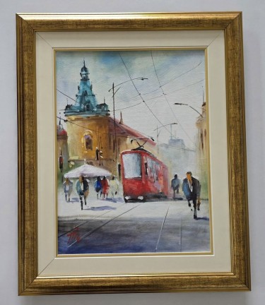 Ulje na platnu - Tramvaj u Beogradu, prelepo, autor Dusko Dule